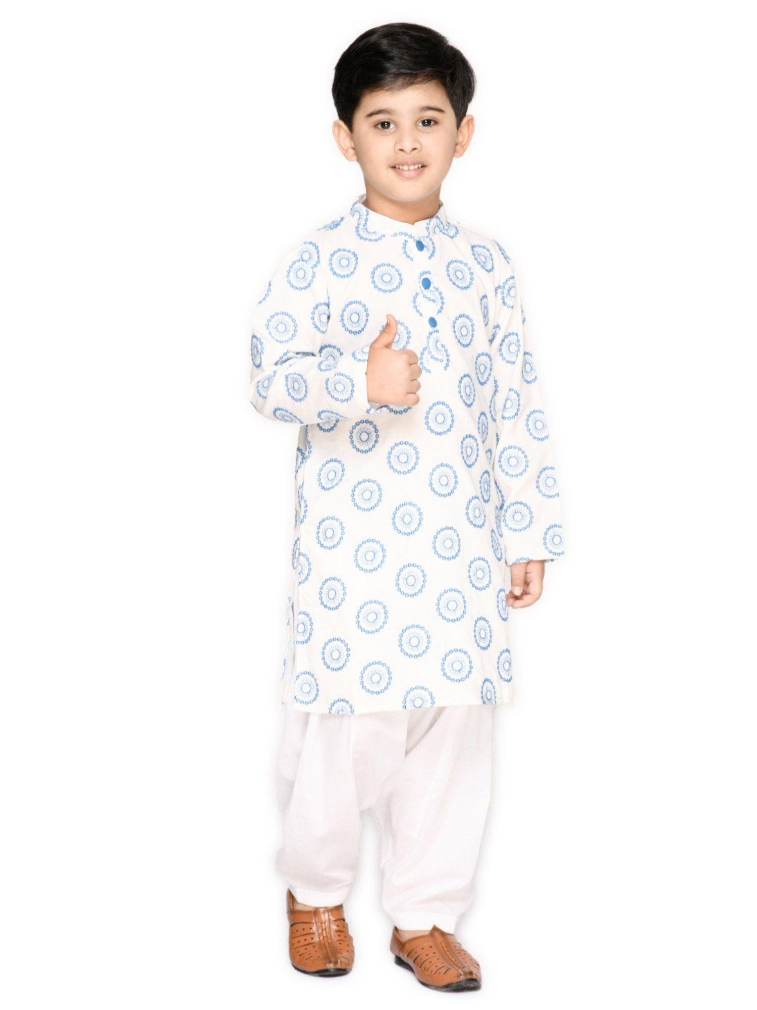 boys white and blue cotton embroidered kurta and salwar (set of 2)