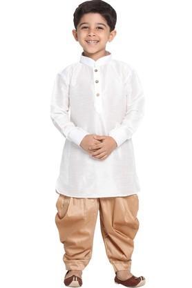 boys white and rose gold silk blend kurta and dhoti pant set - white