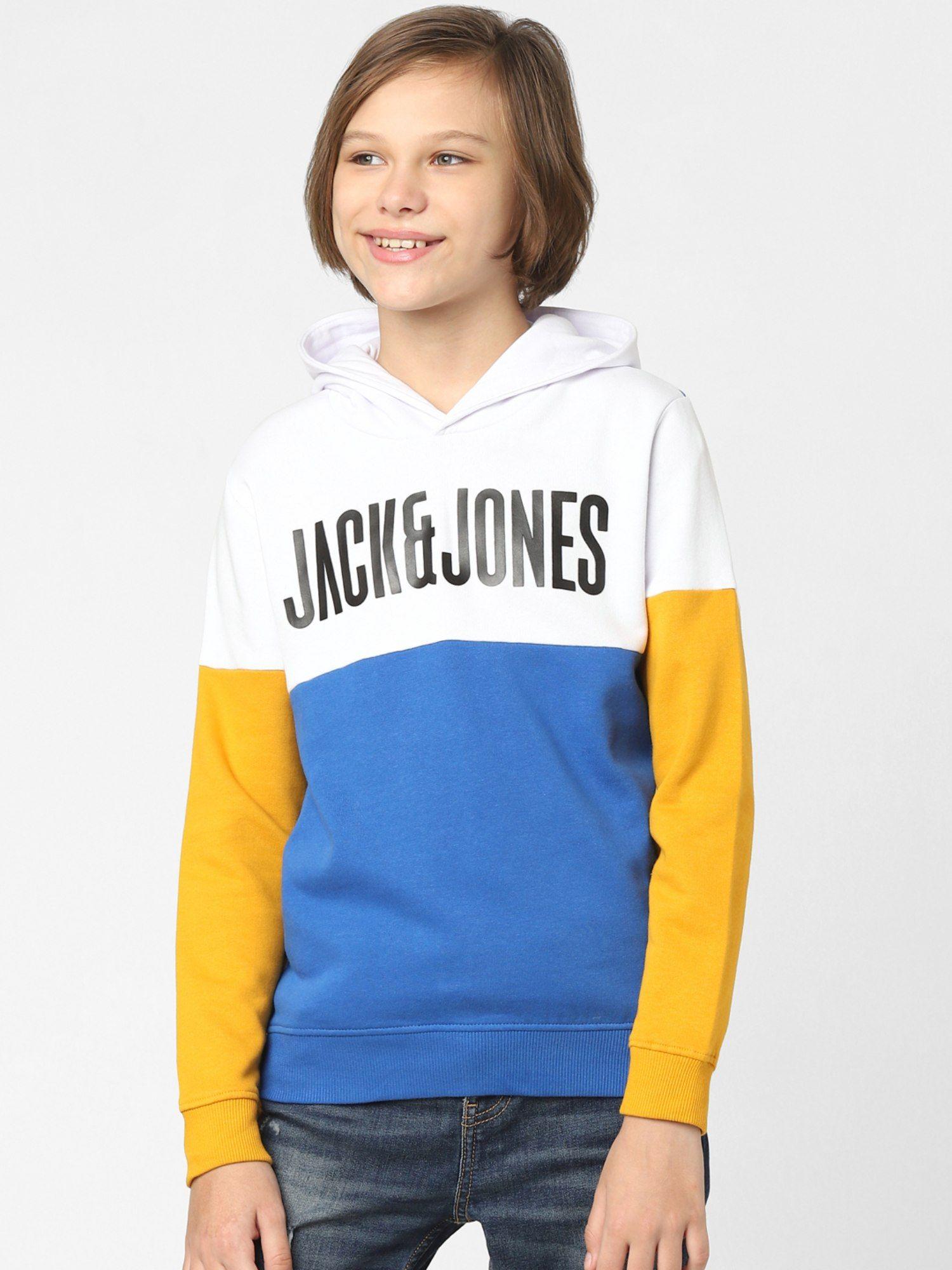 boys white colourblocked hooded sweatshirt