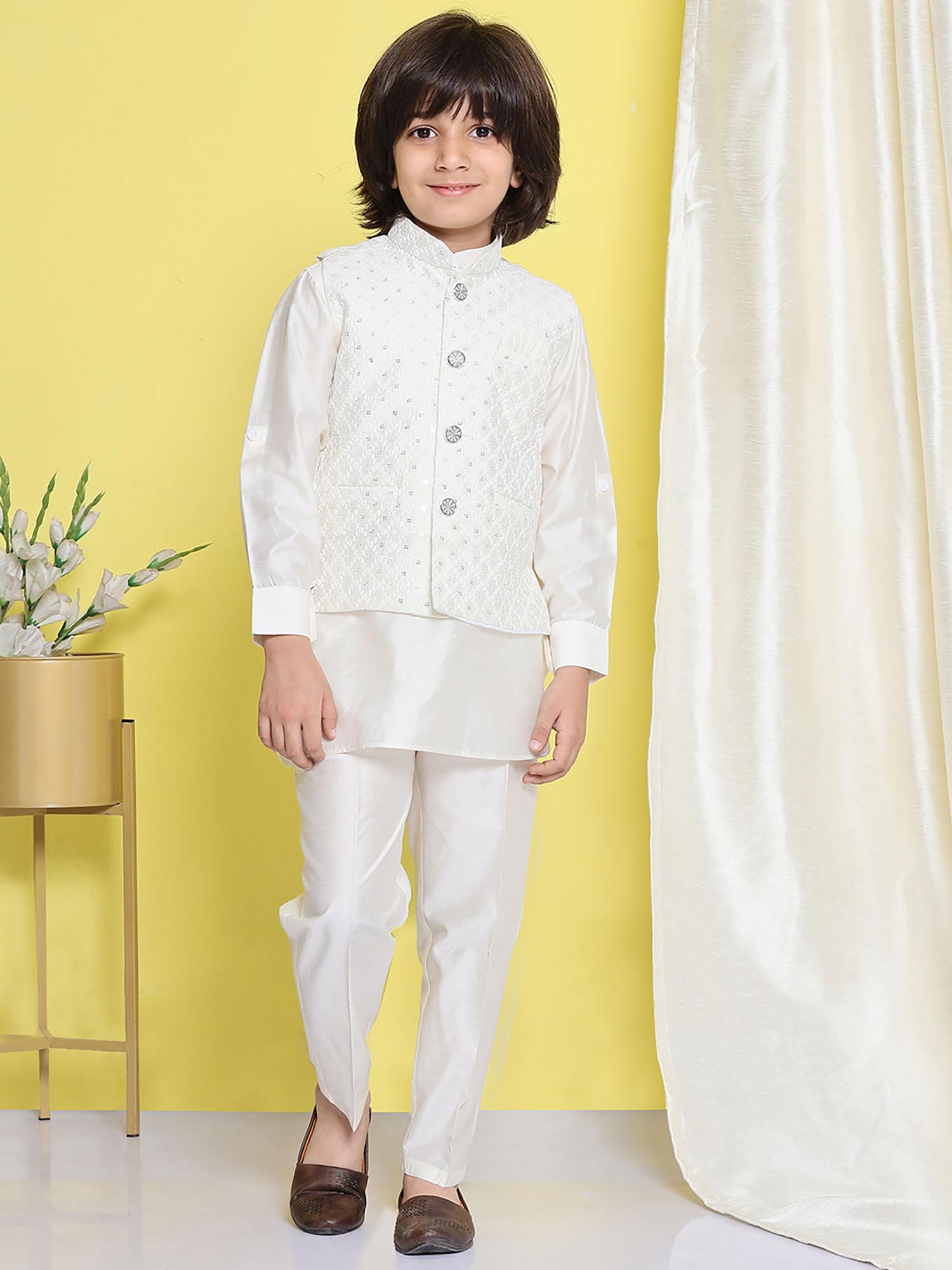 boys white cotton silk embroidered thread work kurta (set of 3)