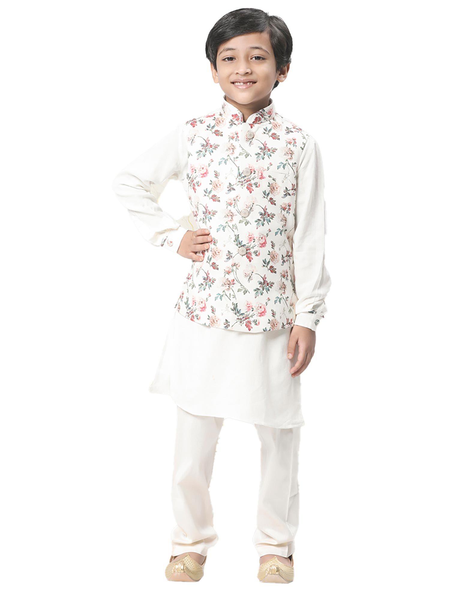 boys white festive printed kurta jacket churidar (set of 2)