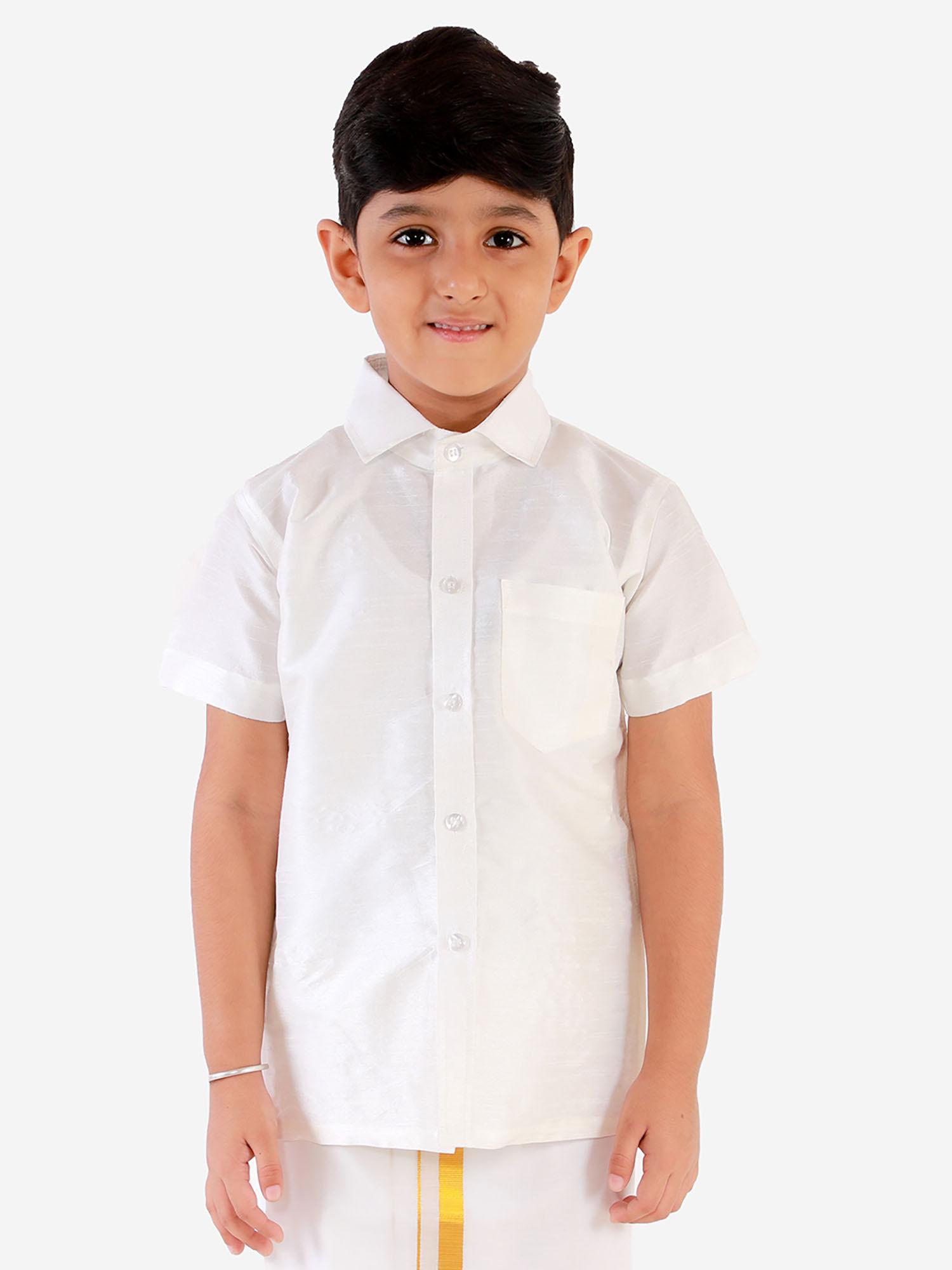 boys white silk blend ethnic shirt
