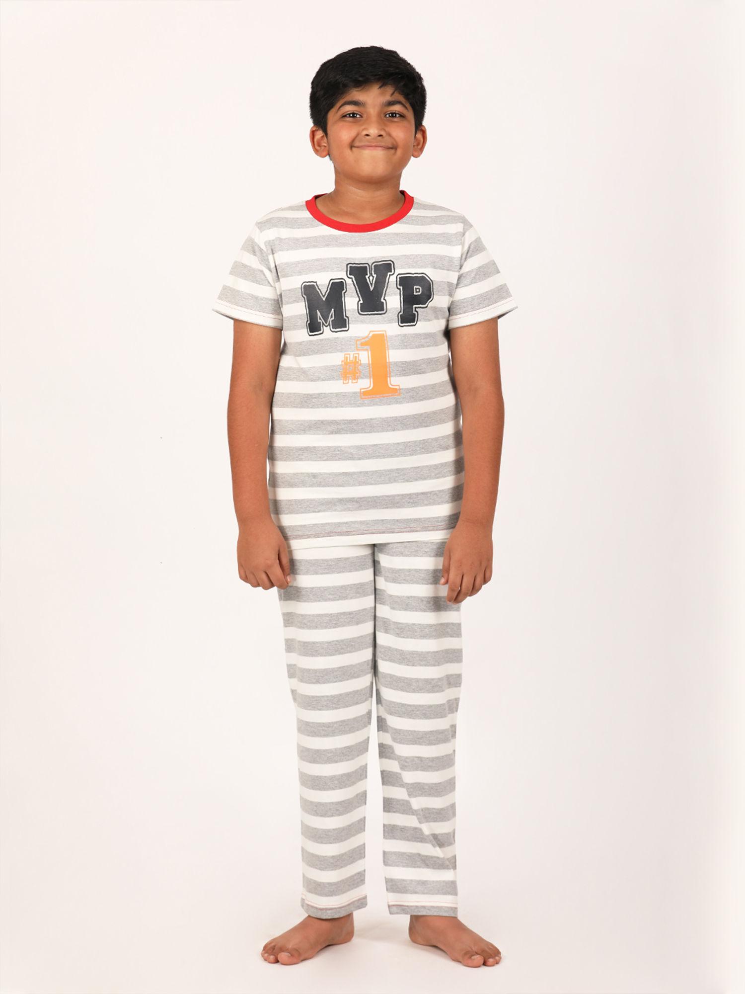 boys white striped nightsuit (set of 2)