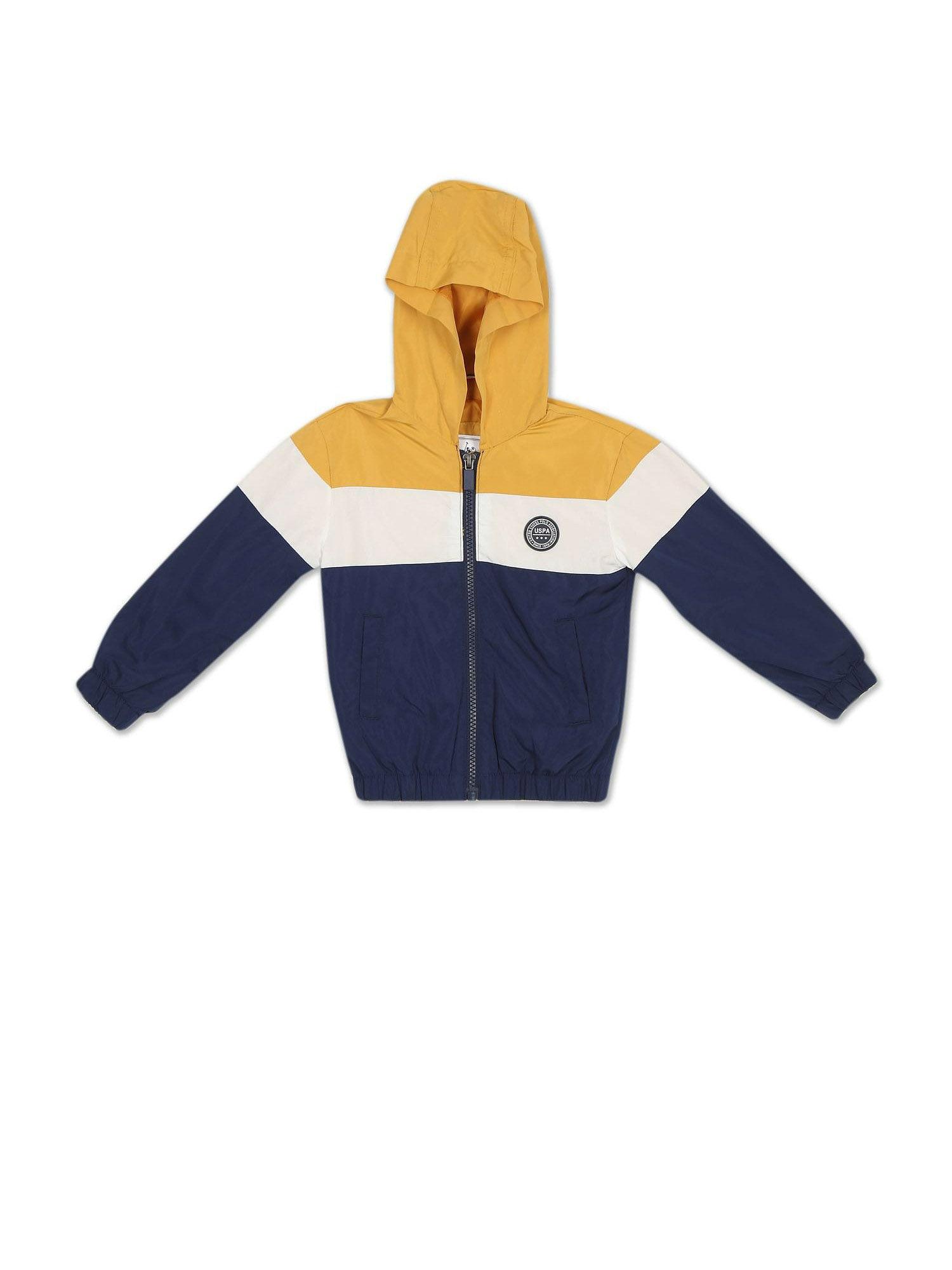boys yellow & navy colour block hooded jacket