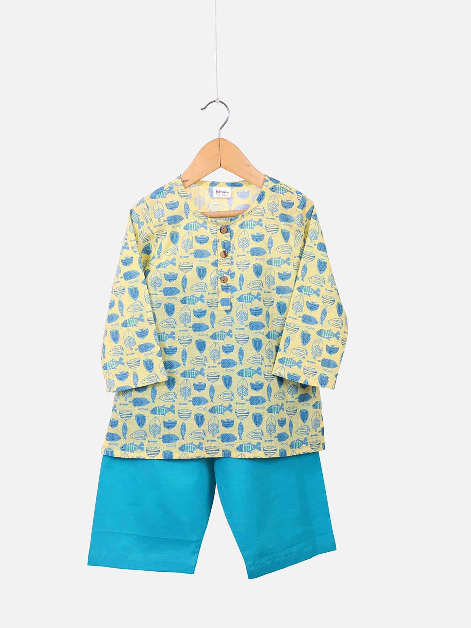 boys yellow printed pyjama set