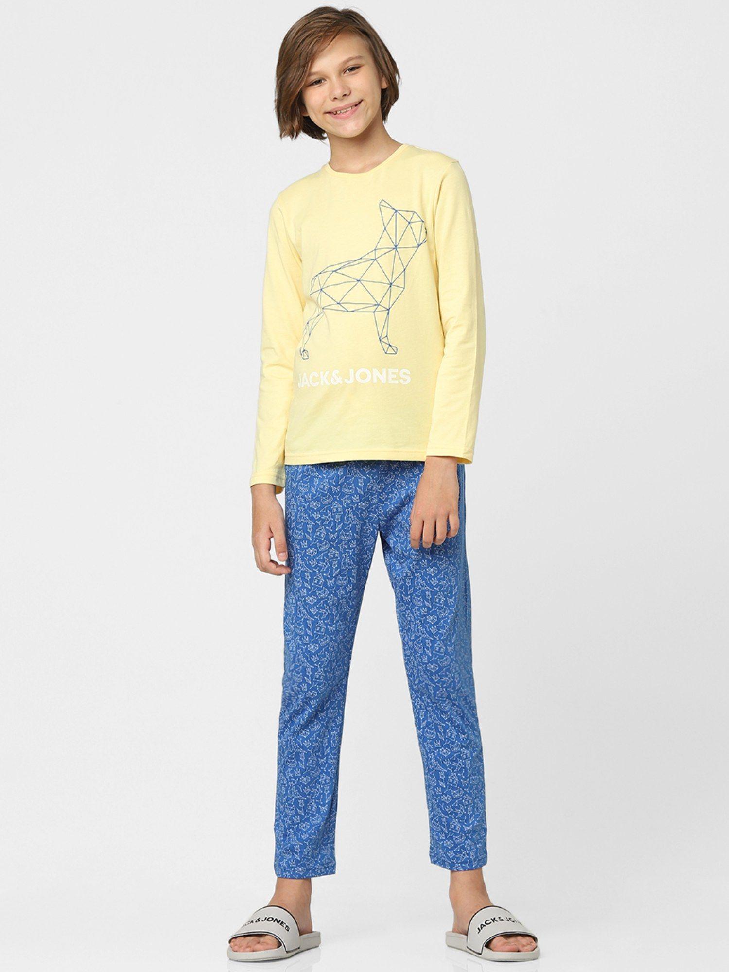 boys yellow printed t-shirts &amp; pyjama night suit set