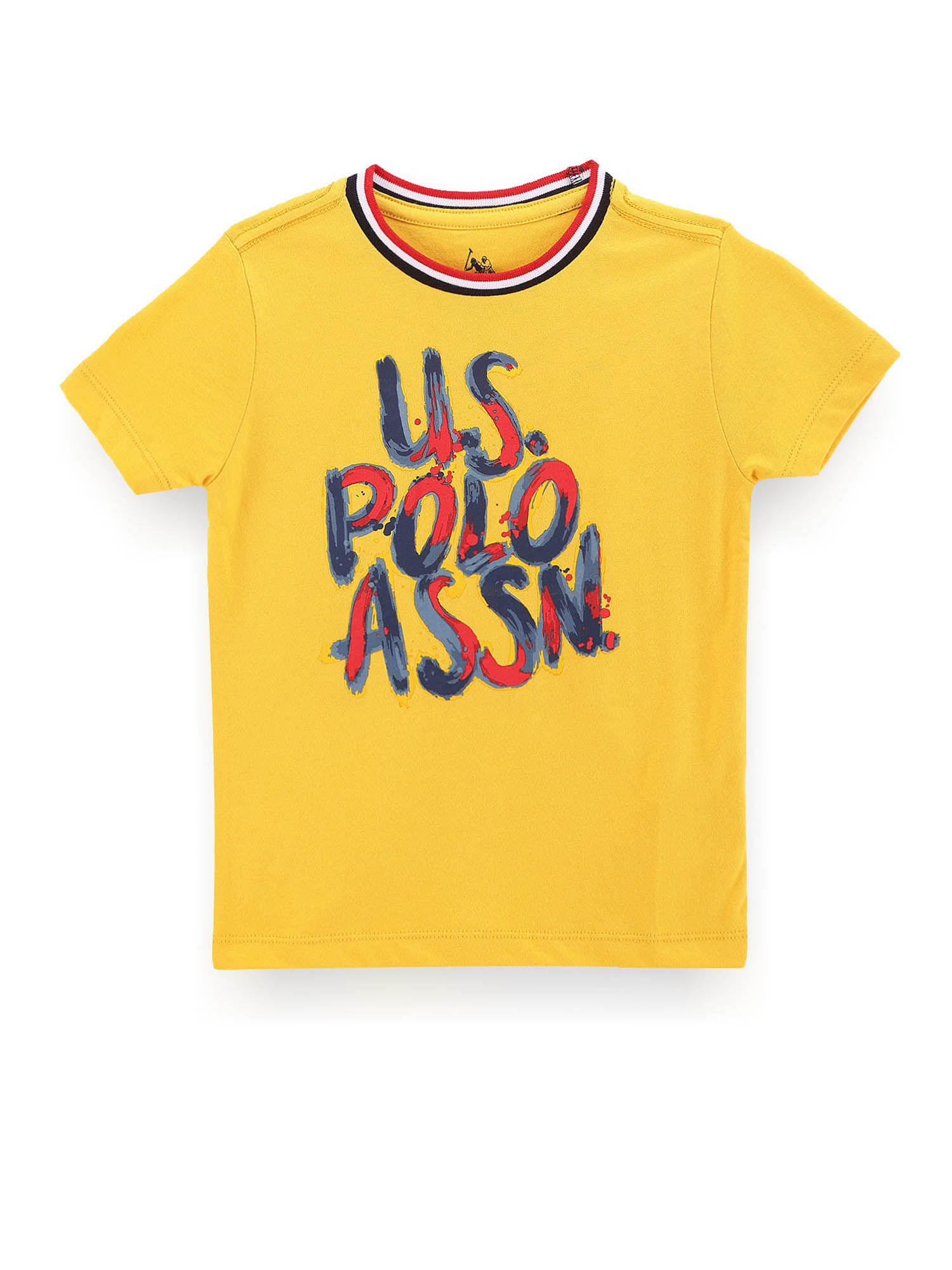 boys yellow striped round neck with brand print t-shirt