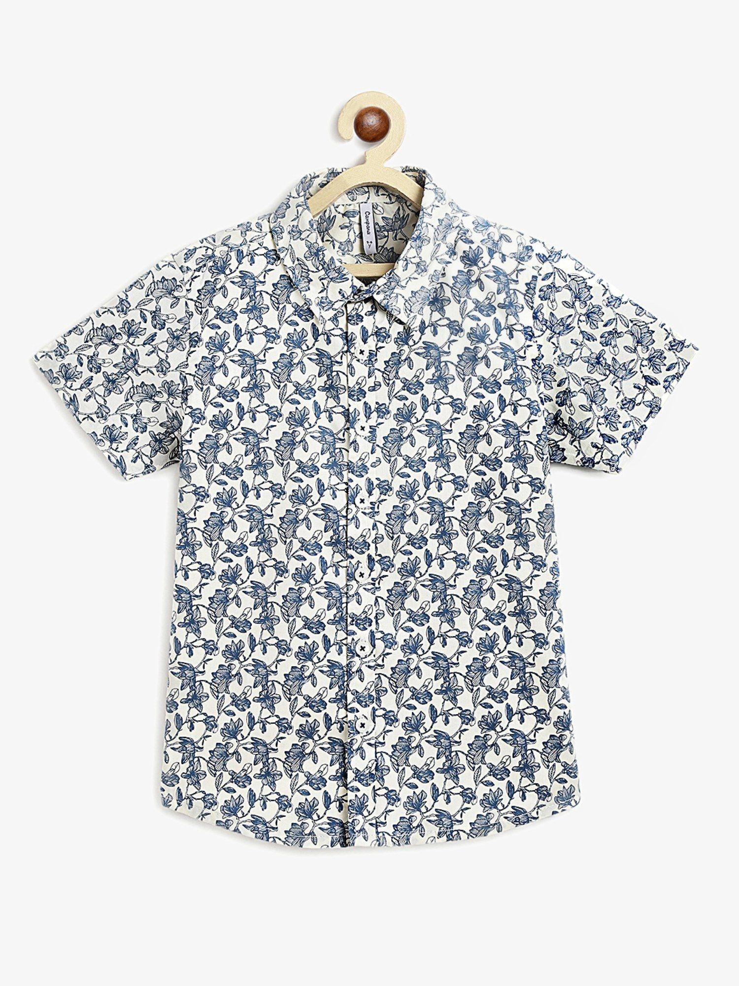 boys yuki short sleeve cotton shirt tropical print white blue