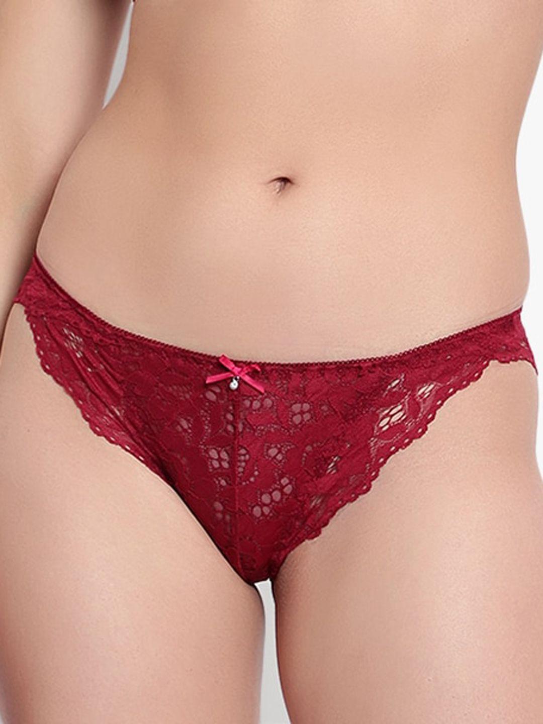 brachy women maroon self design lace bikini briefs