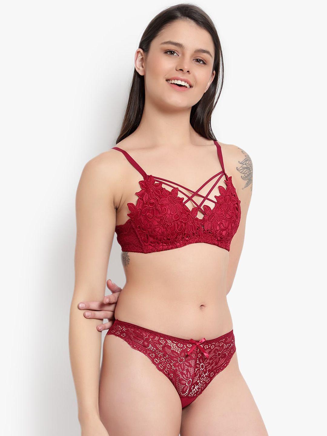 brachy women maroon self-design lace lingerie set bca_nbpwwflset5-32b-maroon