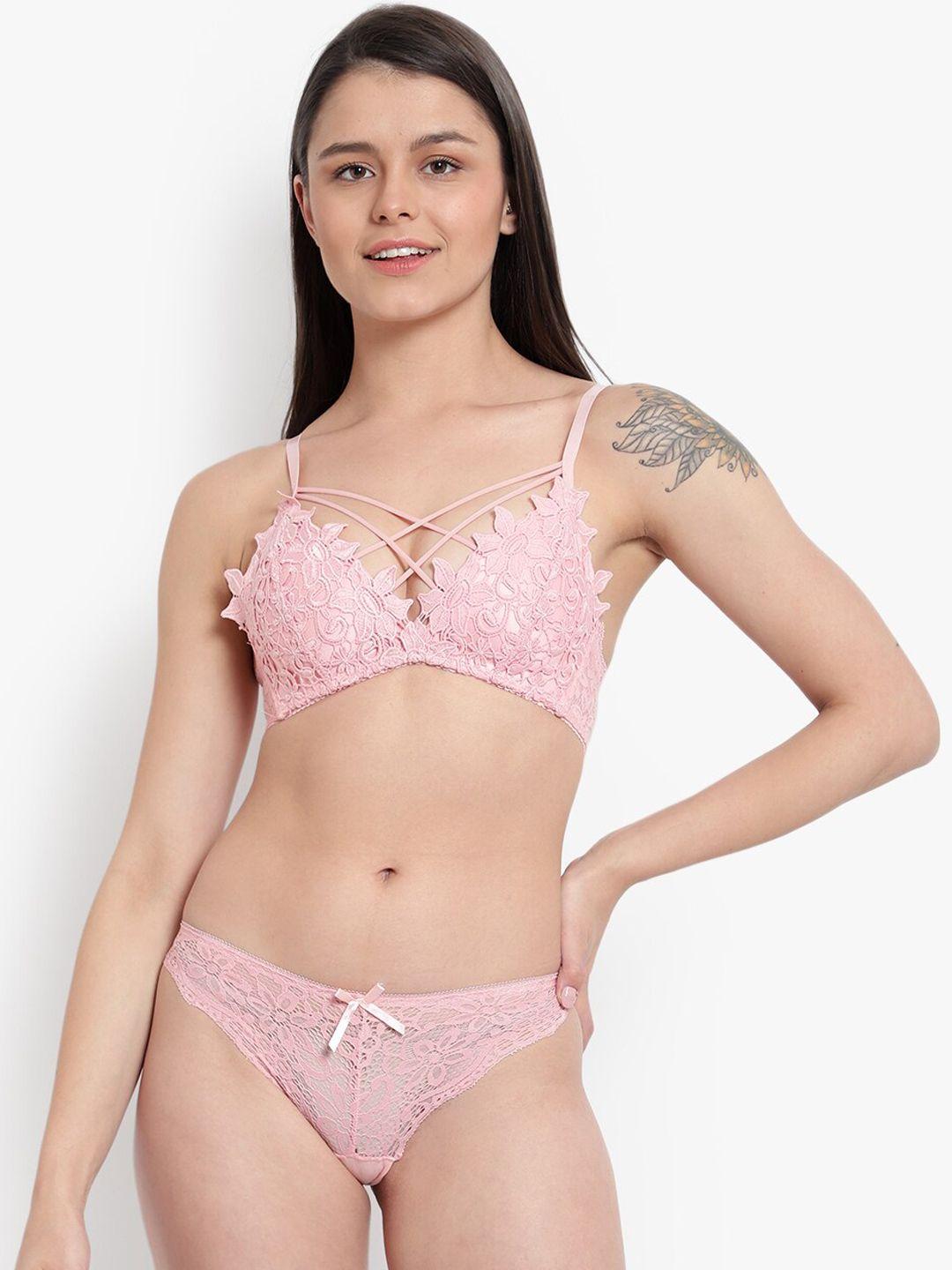 brachy women pink self-design lace lingerie set bca_nbpwwflset4
