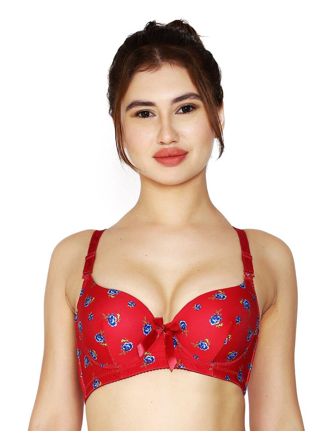 brachy women red & blue floral underwired lightly padded lace t-shirt bra