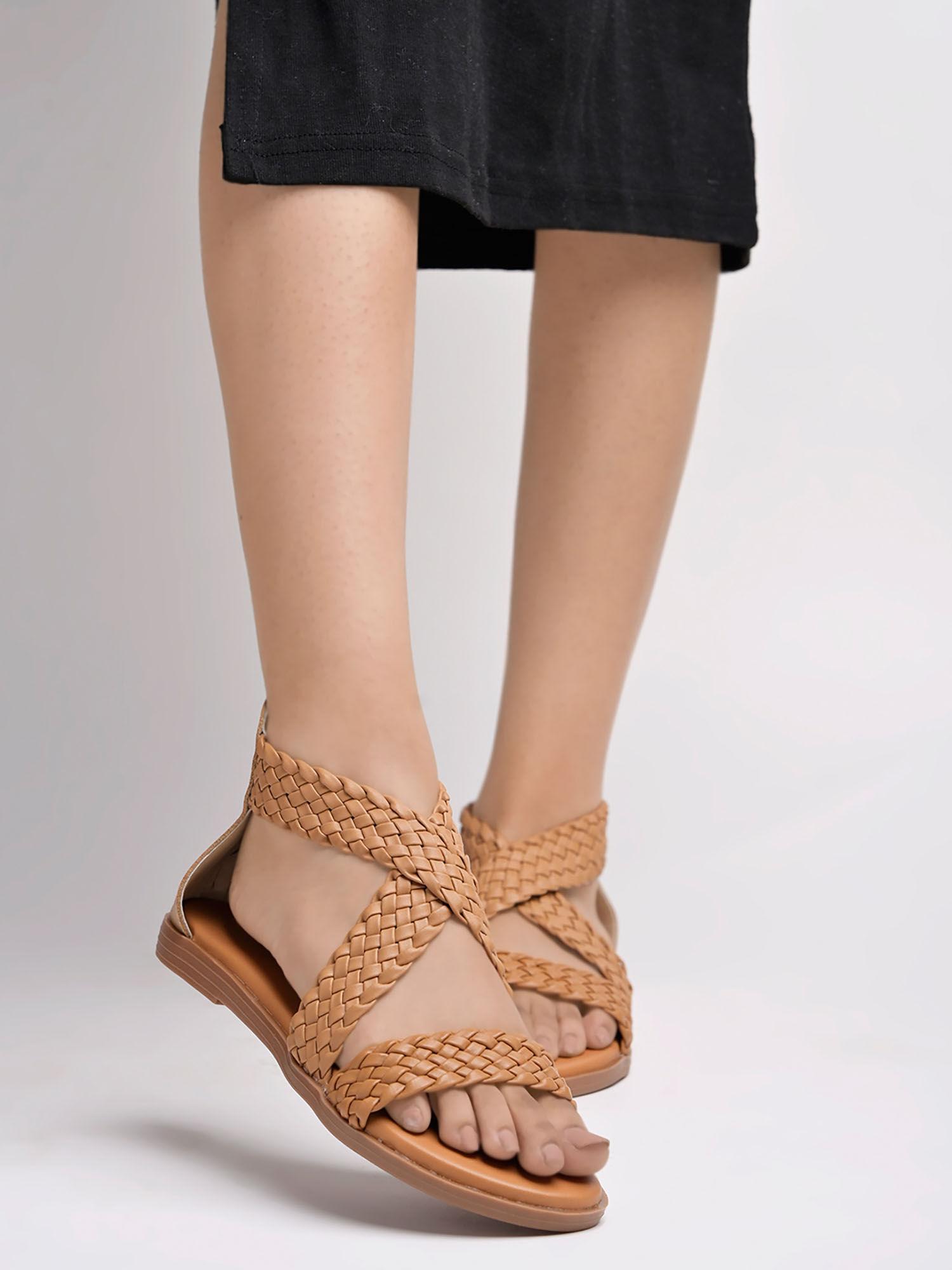 braided upper wrap strap tan flat sandals