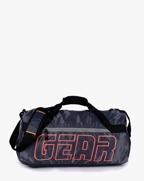 brand print duffel bag with shoulder straps