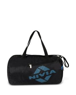 brand print duffle bag with adjustable shoulder strap