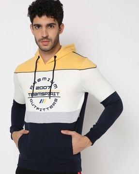 brand print slim fit hoodie with kangaroo pocket