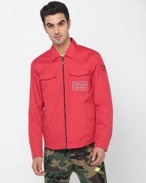 brand print zip-front bomber jacket with flap pockets