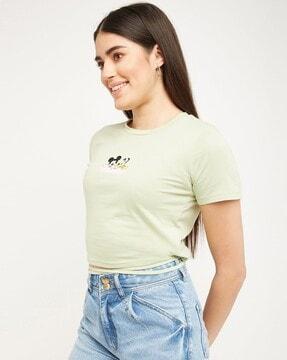 brand print crew-neck crop top