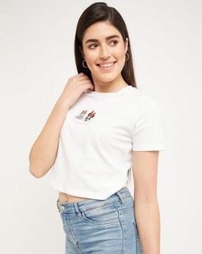 brand print crew-neck crop top