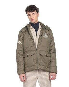 brand print puffer jacket with detachable hood
