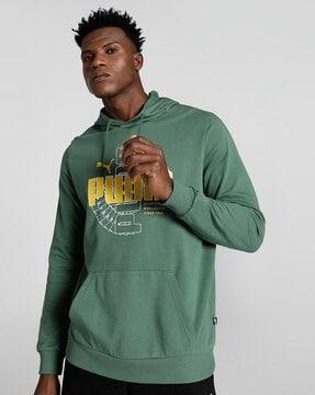 brand print regular fit hoodie with kangaroo pocket