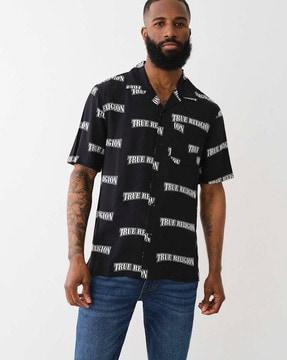 brand print regular fit shirt with patch pocket