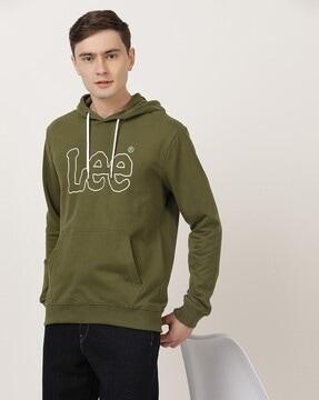 brand print slim fit hoodie with kangaroo pocket