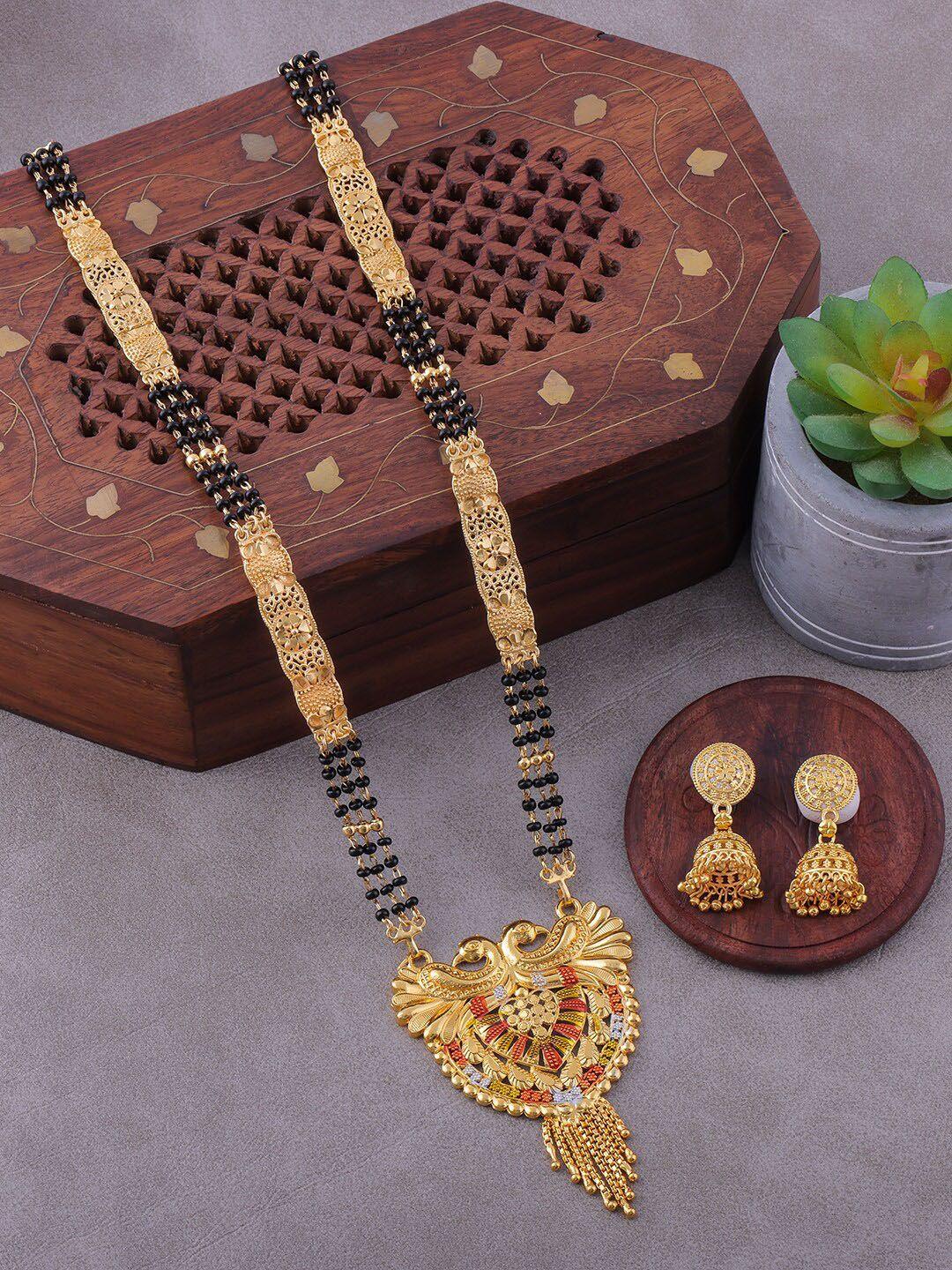 brandsoon gold-plated black beaded mangalsutra with earrings
