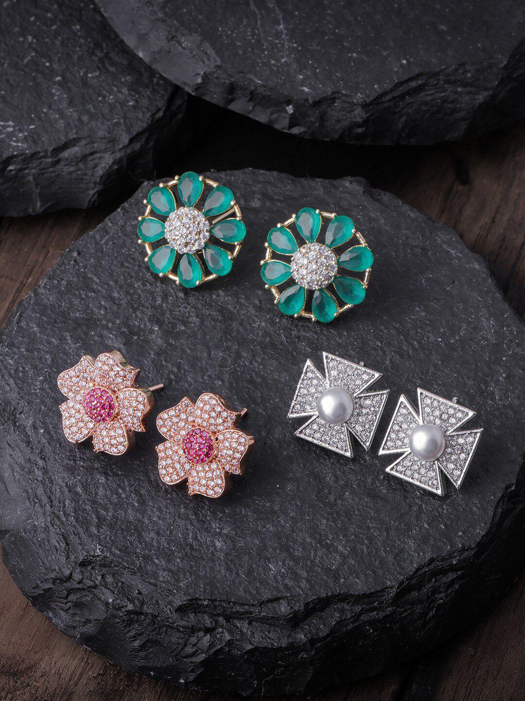 brandsoon gold-toned & green pack of 3 floral studs earrings