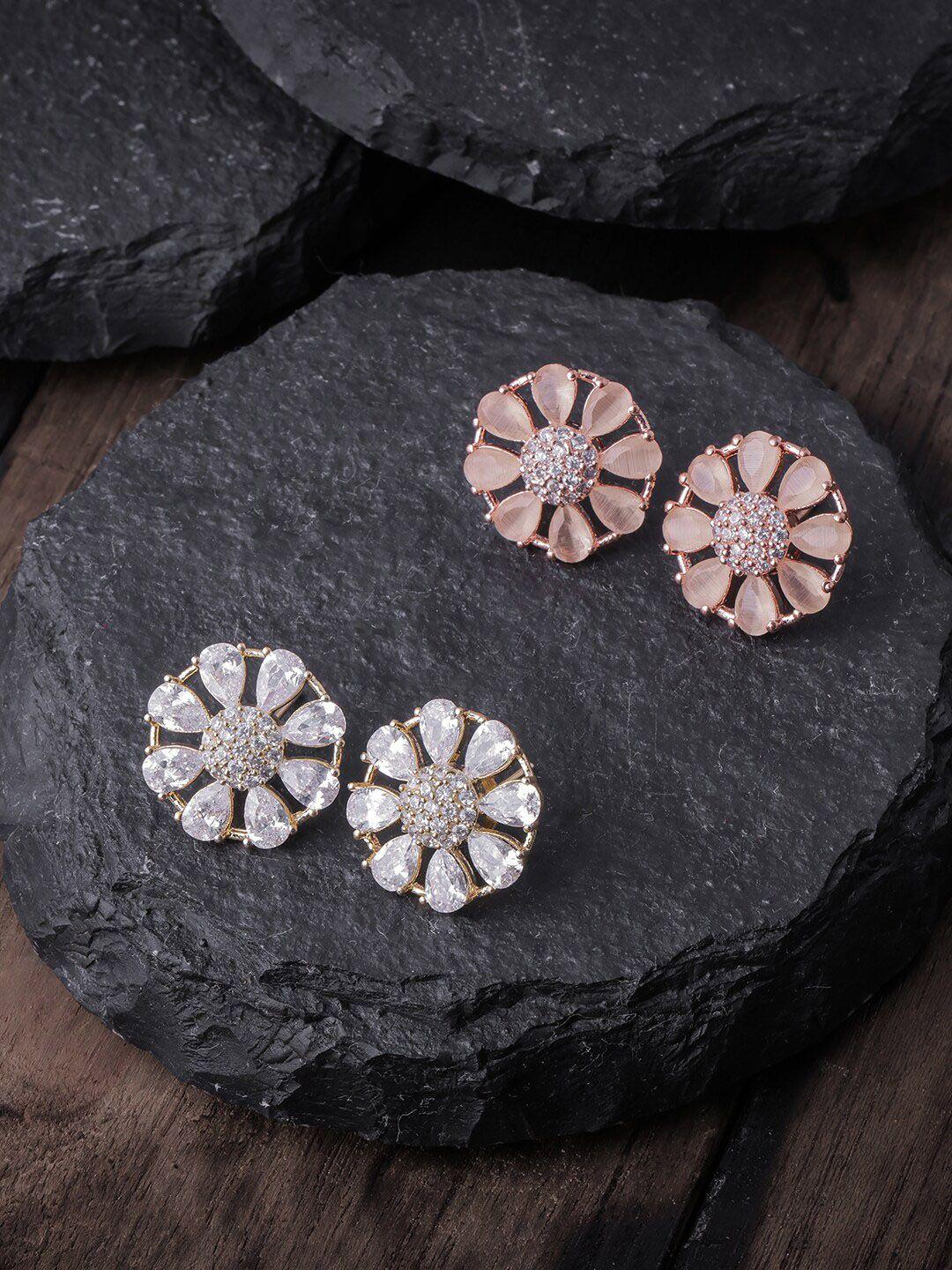 brandsoon pack of 2 peach & white gold-plated ad-studded floral studs earrings