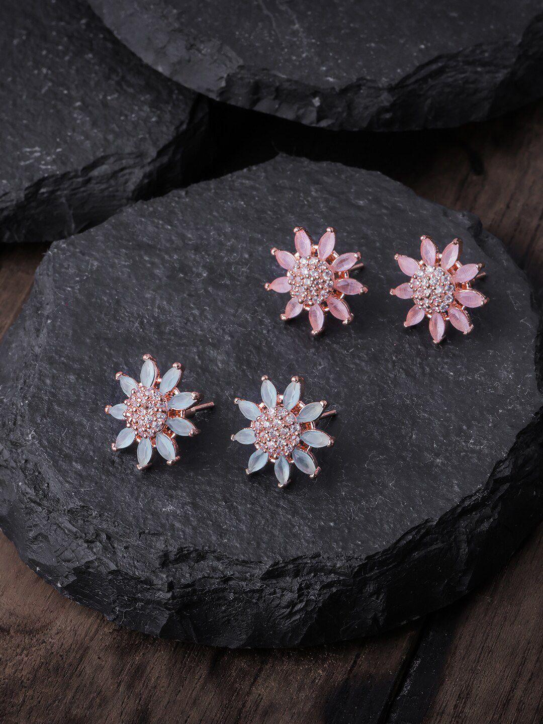 brandsoon pack of 2 pink & blue rose gold-plated ad-studded floral studs earrings
