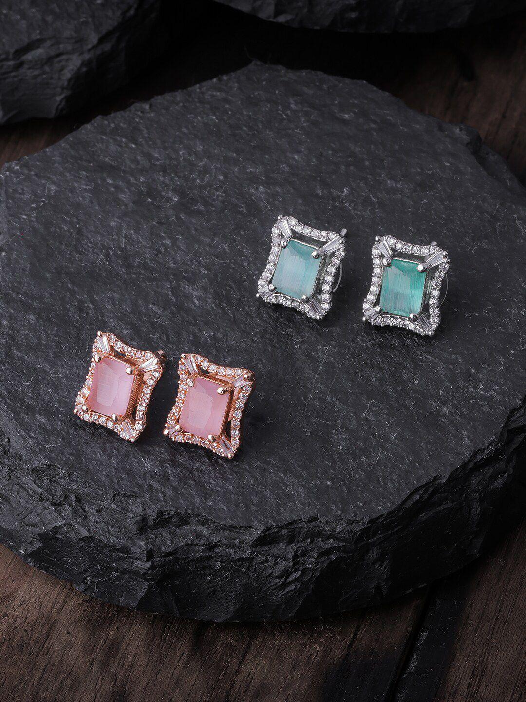 brandsoon pack of 2 sea green & pink rose gold-plated ad-studded square studs earrings
