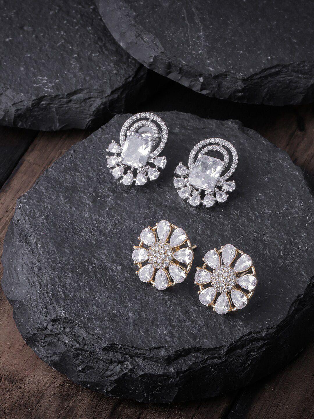 brandsoon pack of 2 white & gold-plated ad-studded floral studs earrings