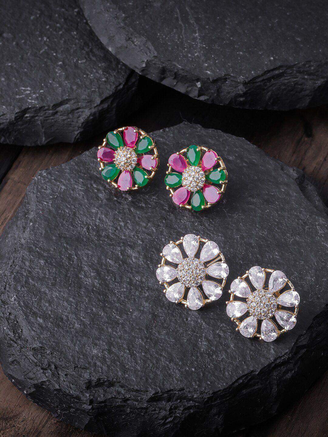 brandsoon pack of 2 white & green gold-plated ad-studded floral studs earrings