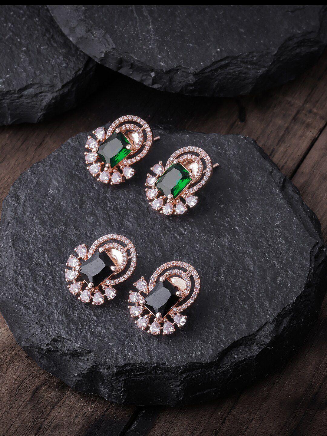 brandsoon pack of 2 white & green rose gold-plated ad-studded contemporary studs earrings