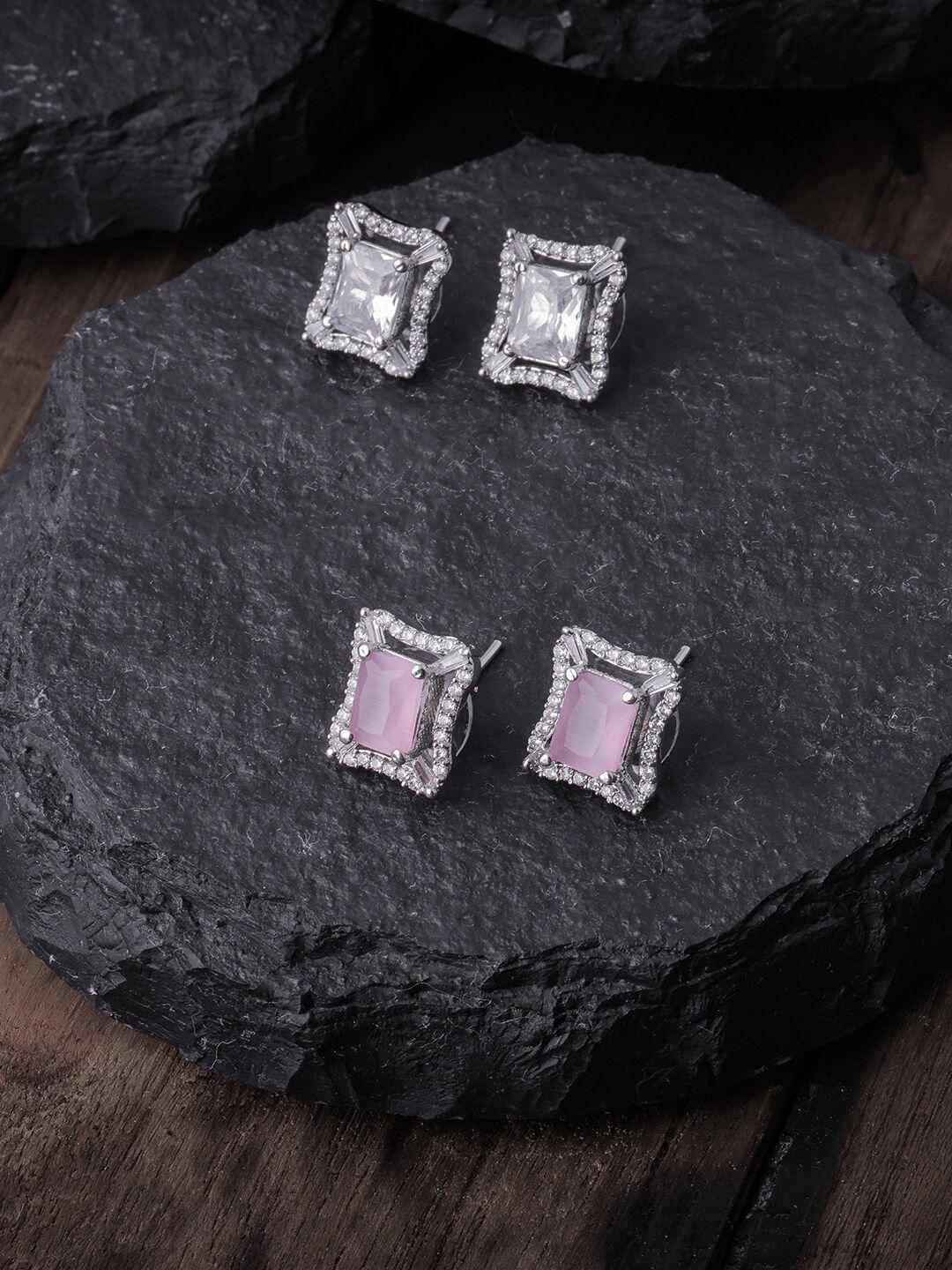 brandsoon pack of 2 white & lavender silver-plated ad-studded square studs earrings
