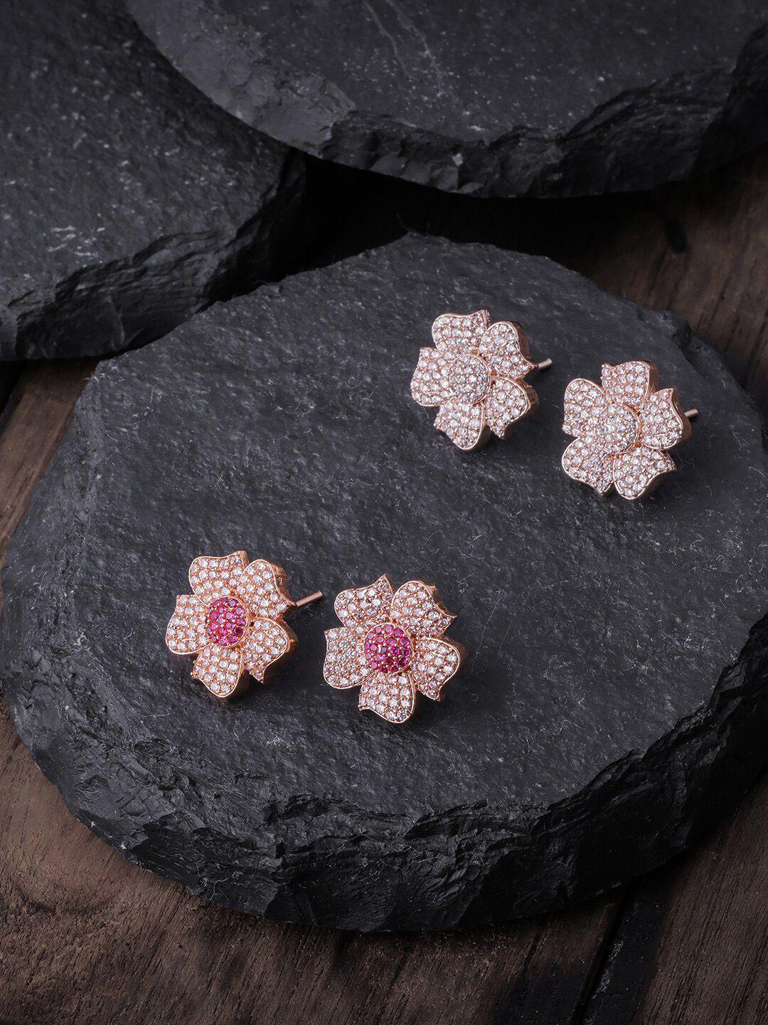 brandsoon pack of 2 white & pink rose gold-plated ad-studded floral studs earrings