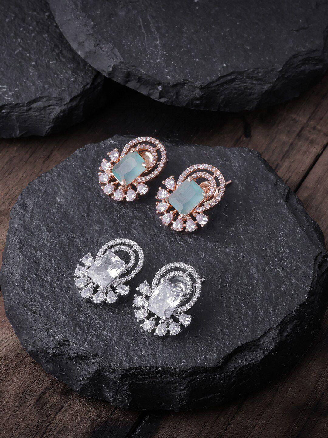 brandsoon pack of 2 white & sea green rose gold-plated contemporary studs earrings