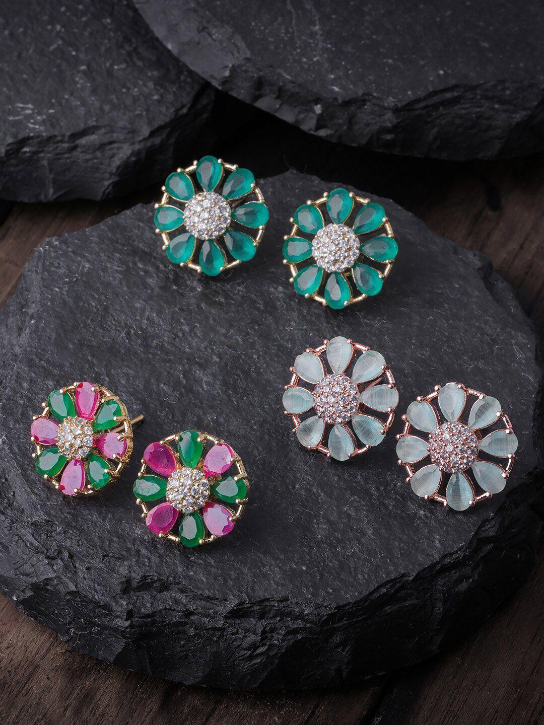 brandsoon pack of 3 gold toned & green gold plated contemporary studs earrings