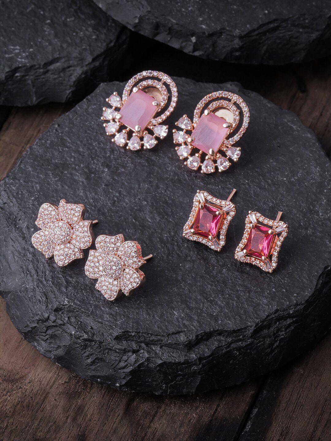 brandsoon pack of 3 gold toned & pink gold plated contemporary studs earrings