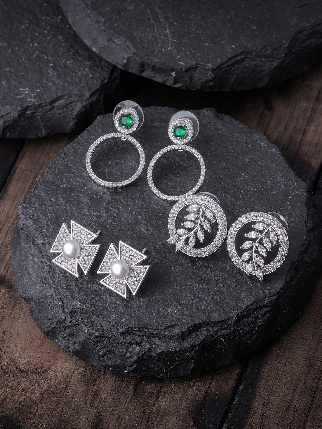 brandsoon pack of 3 silver toned & green silver plated contemporary studs earrings