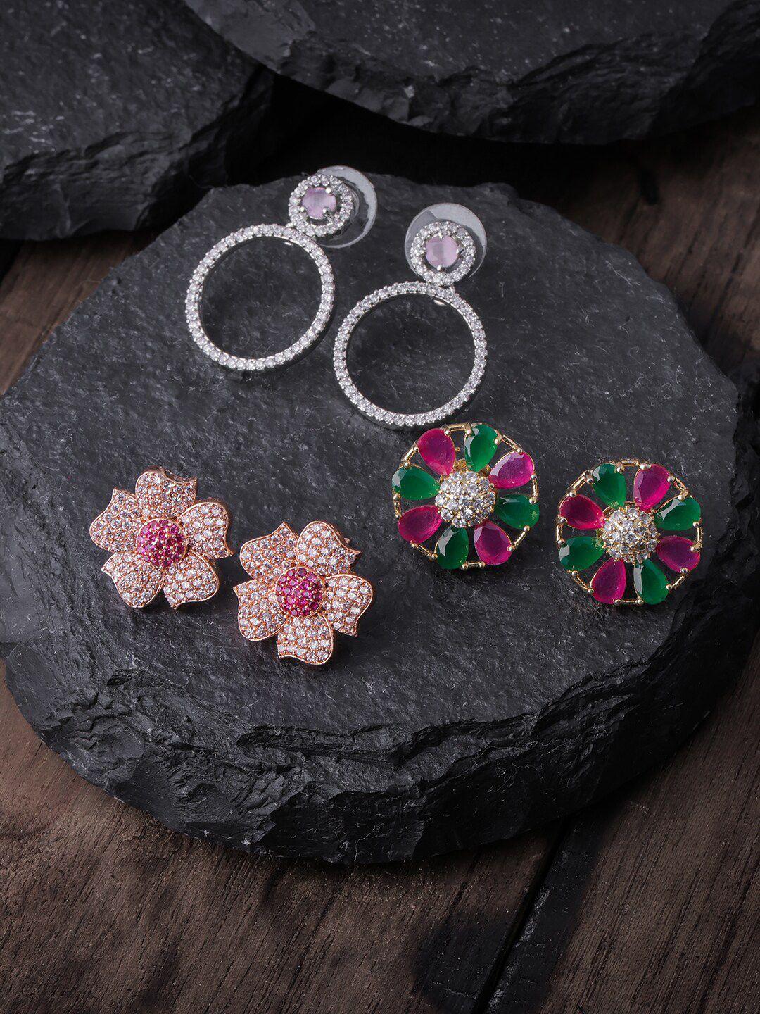 brandsoon rose gold & pink pack of 3 floral studs earrings
