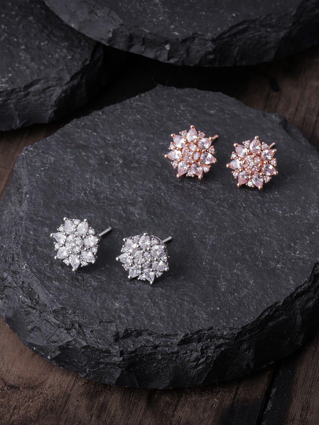brandsoon rose gold-toned & silver-toned set of 2 ad studded gold-plated studs earrings