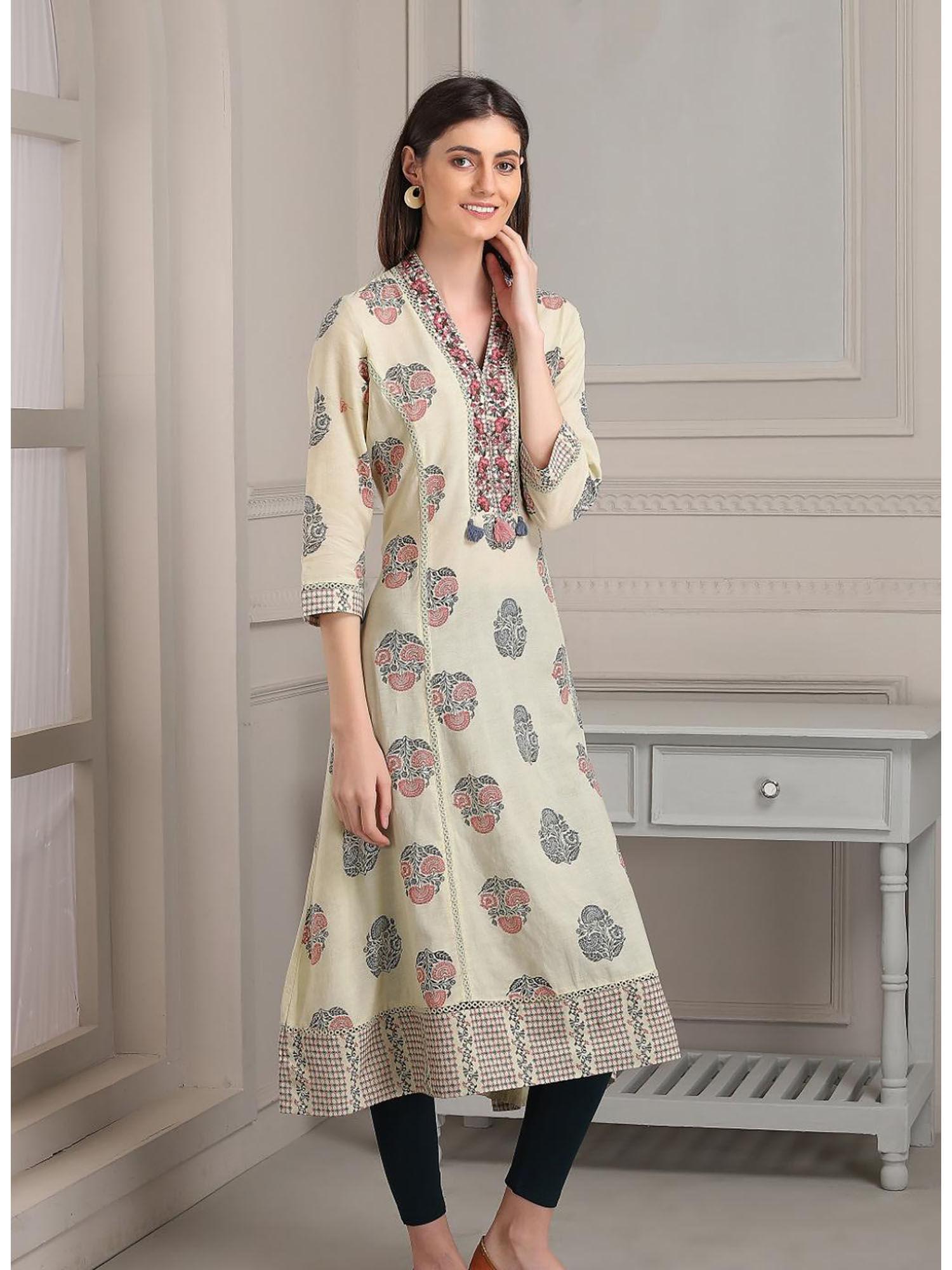 brass moss long flared kurti with shawl collar enhancing neckline