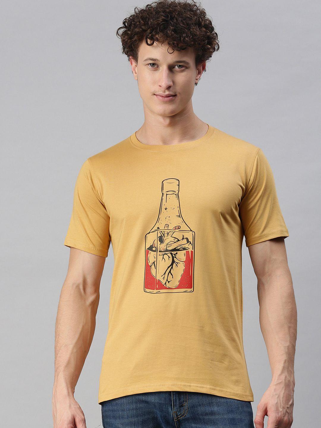 bratma men beige abstract printed round neck regular sleeves cotton t-shirt