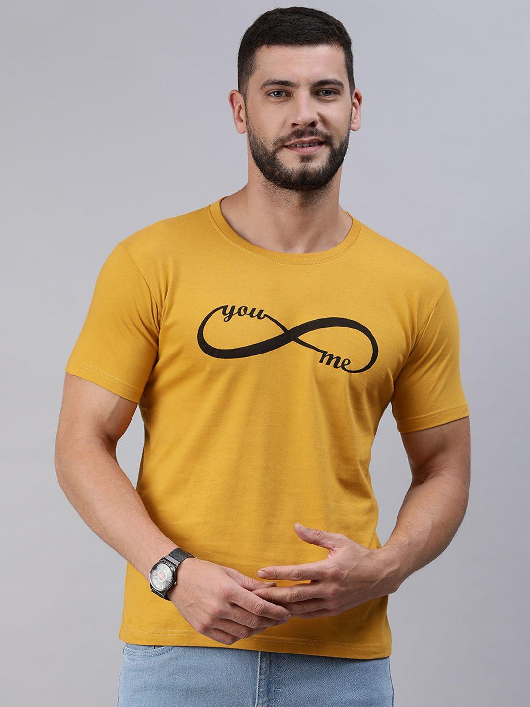 bratma men mustard yellow & black printed pure cotton t-shirt
