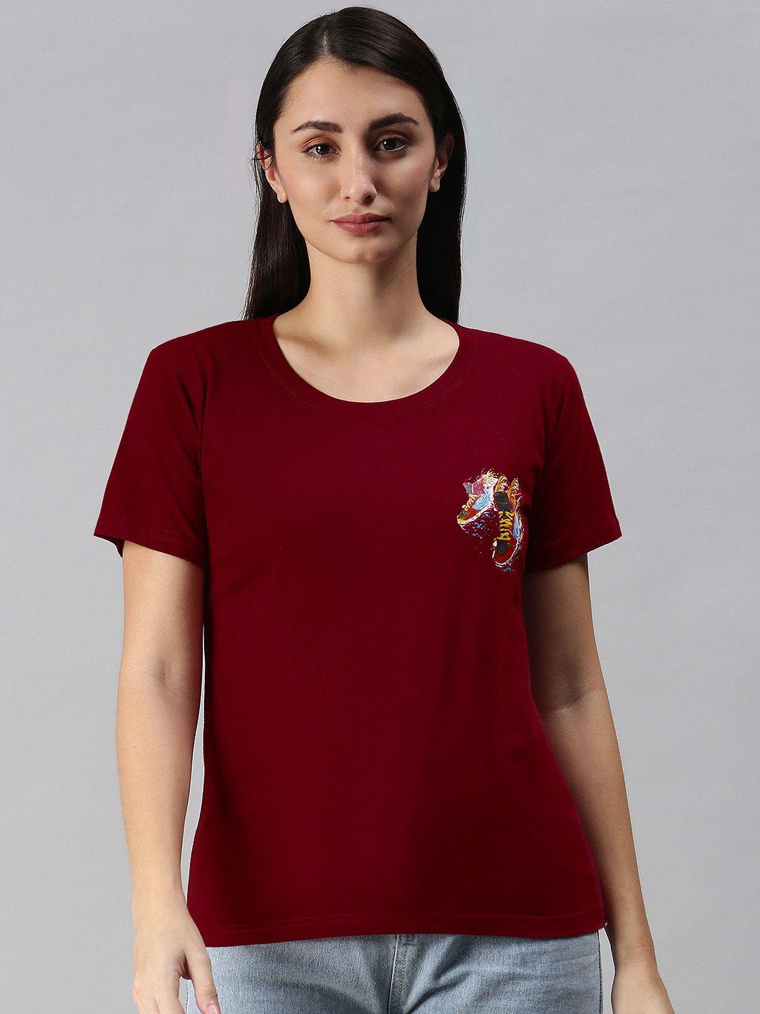 bratma women maroon printed t-shirt