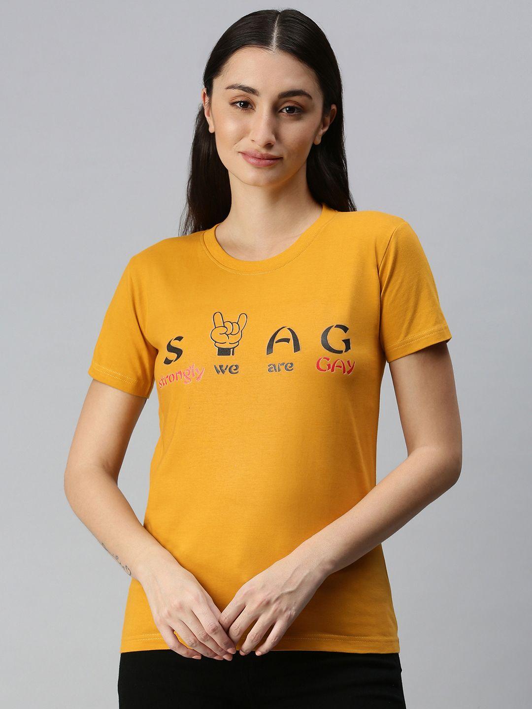 bratma women mustard yellow & black typography printed t-shirt