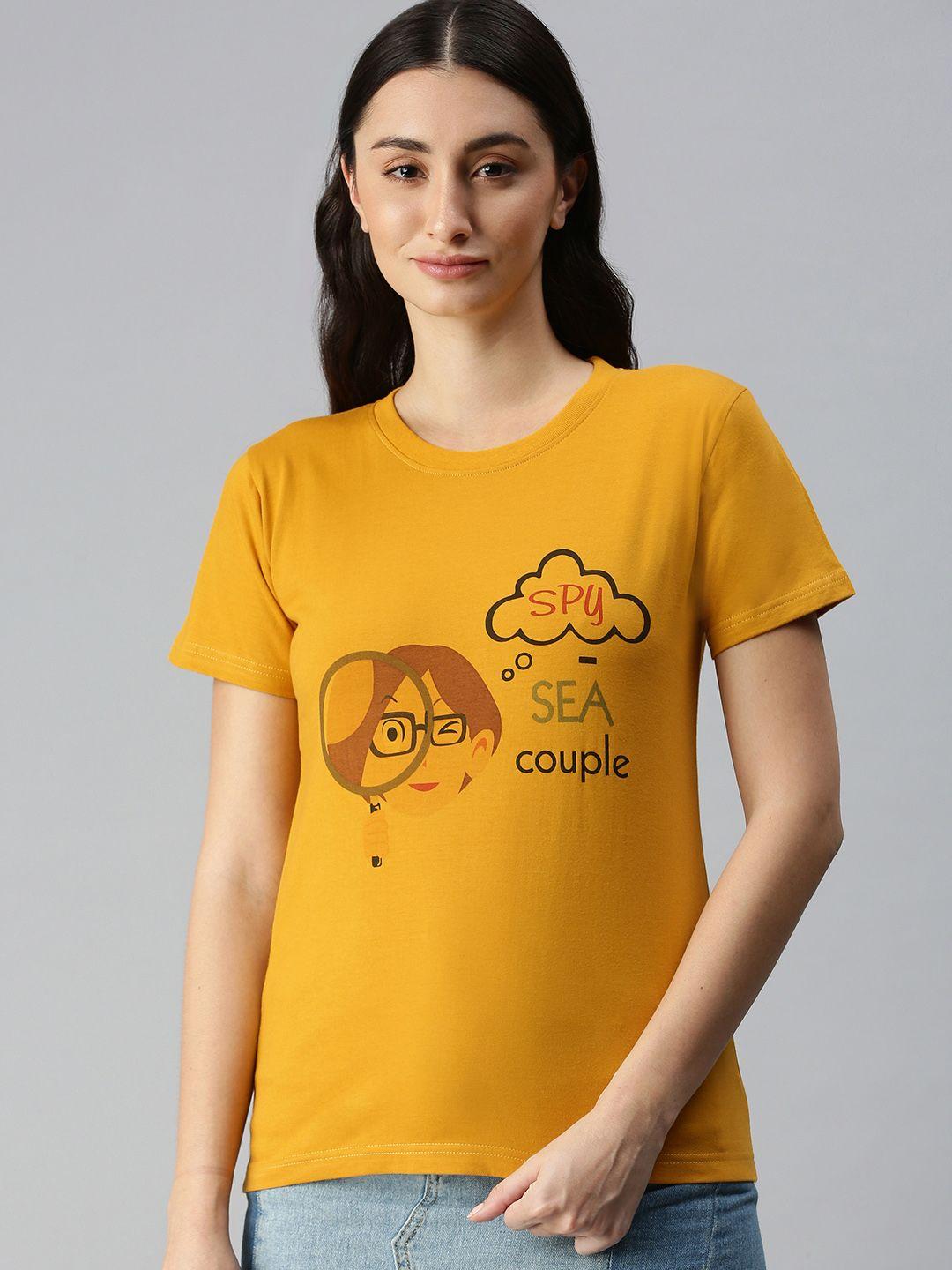 bratma women mustard yellow & brown typography printed t-shirt