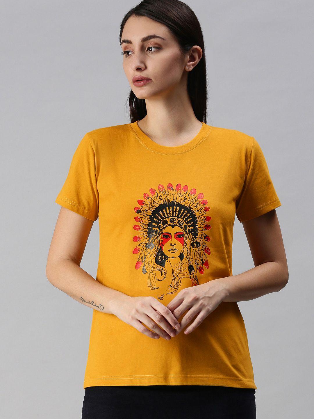 bratma women mustard yellow tribal printed round neck regular sleeves cotton t-shirt